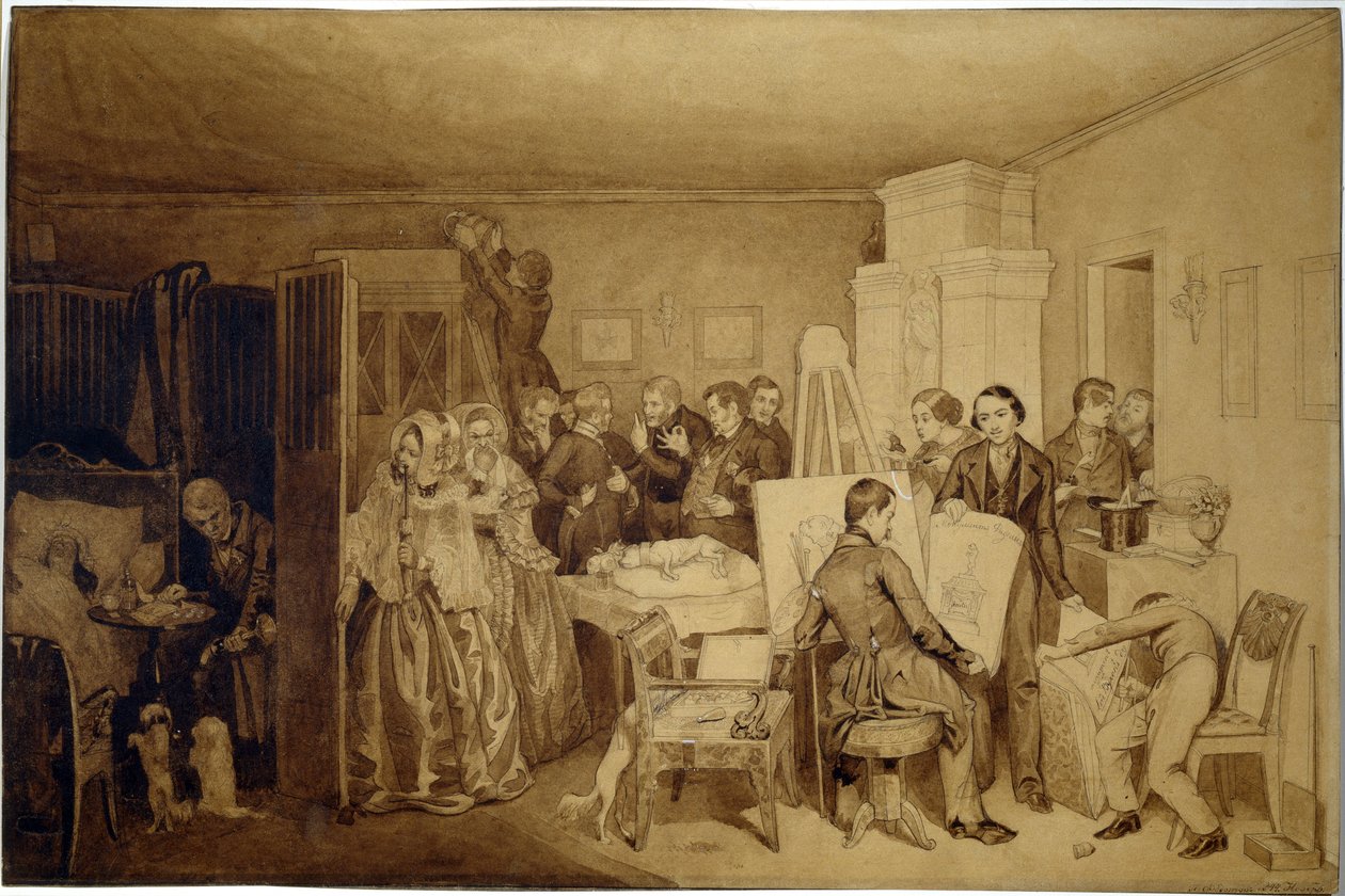 Následky smrti Fidelky - Dílo Pavla Andrejeviče Fedotova (1815-1852), tuš a sépie na papíře od Pavel Andreevich Fedotov