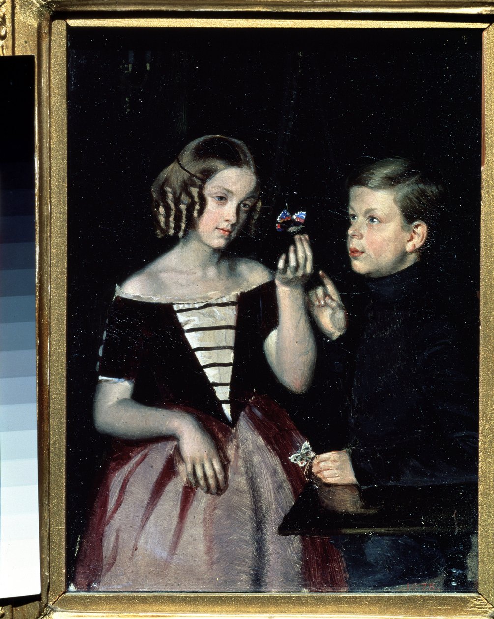 "Portrét dvou Gerbinových dětí uvažujících o motýlovi"" Malba Pavla Fedotova (1815-1852) Kolem roku 1851 Státní ruské muzeum, Petrohrad od Pavel Andreevich Fedotov