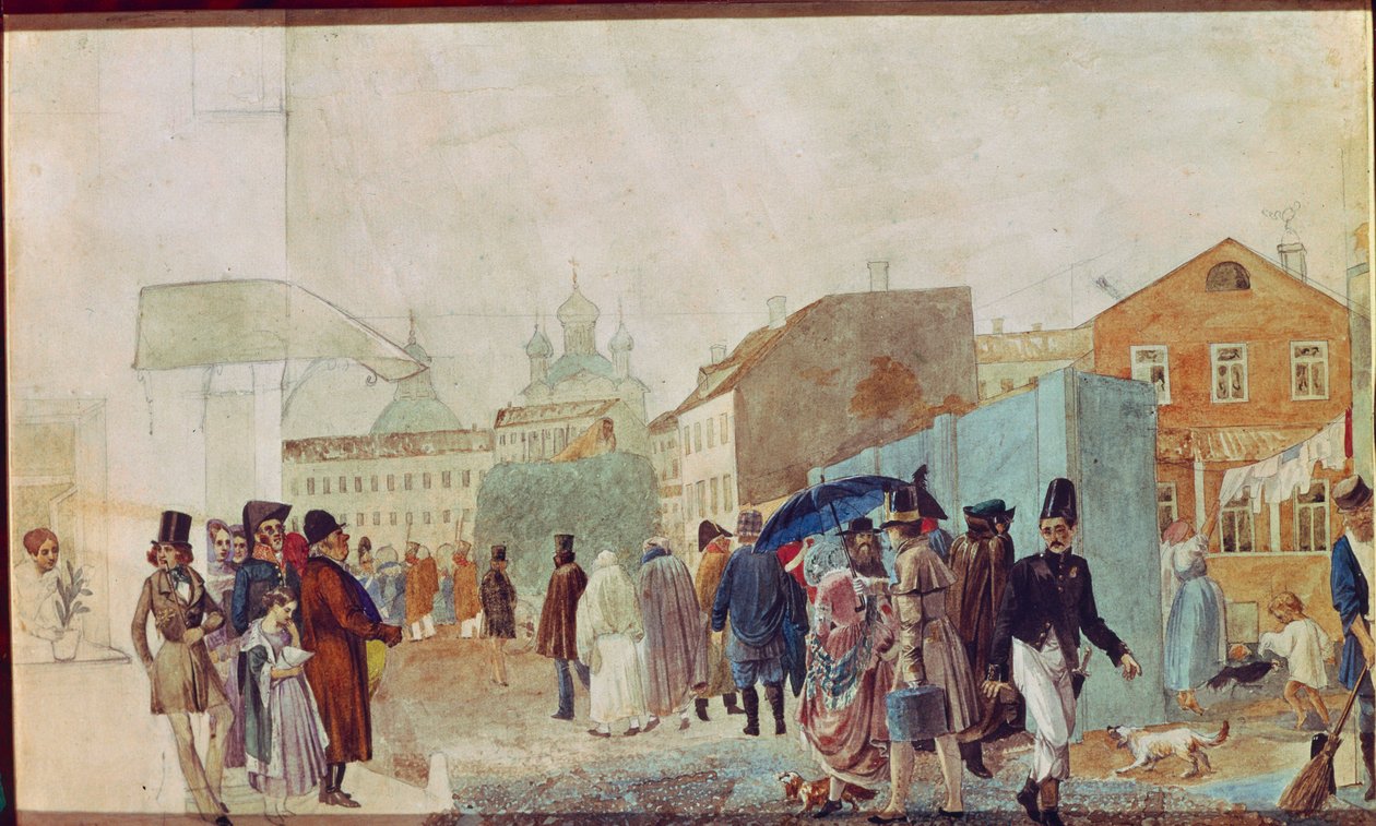 Pouliční scéna v dešti v Moskvě. Dílo Pavla Andrejeviče Fedotova (1815-1852), akvarel na papíře od Pavel Andreevich Fedotov