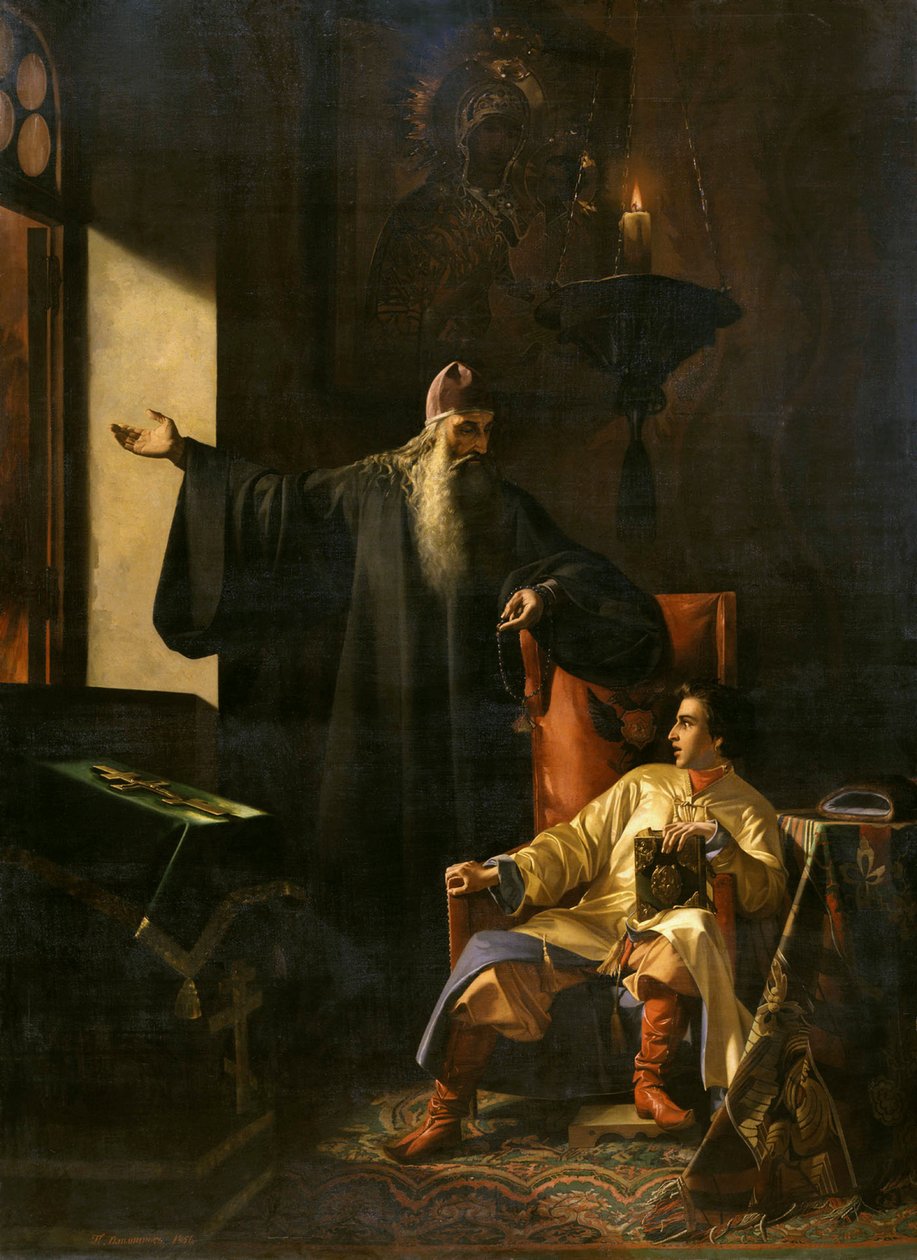 Ivan Hrozný a kněz Silvester při požáru Moskvy v roce 1547, 1856. od Pavel Fyodorovich Pleshanov