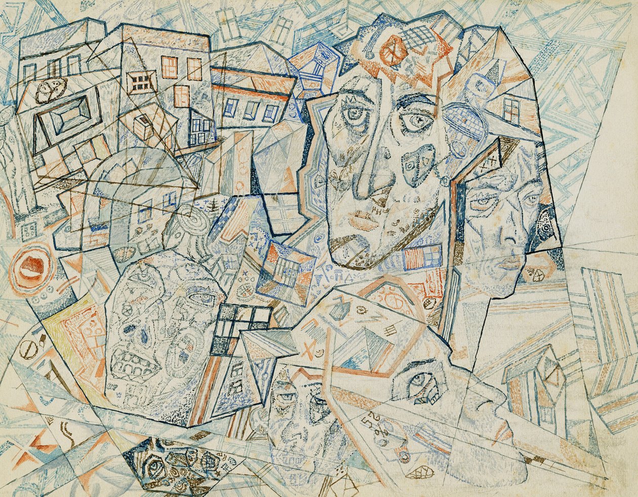 Faces in the City, cca 1925 (akvarel a pero a inkoust na papíře) od Pawel Nikolajewitsch Filonow
