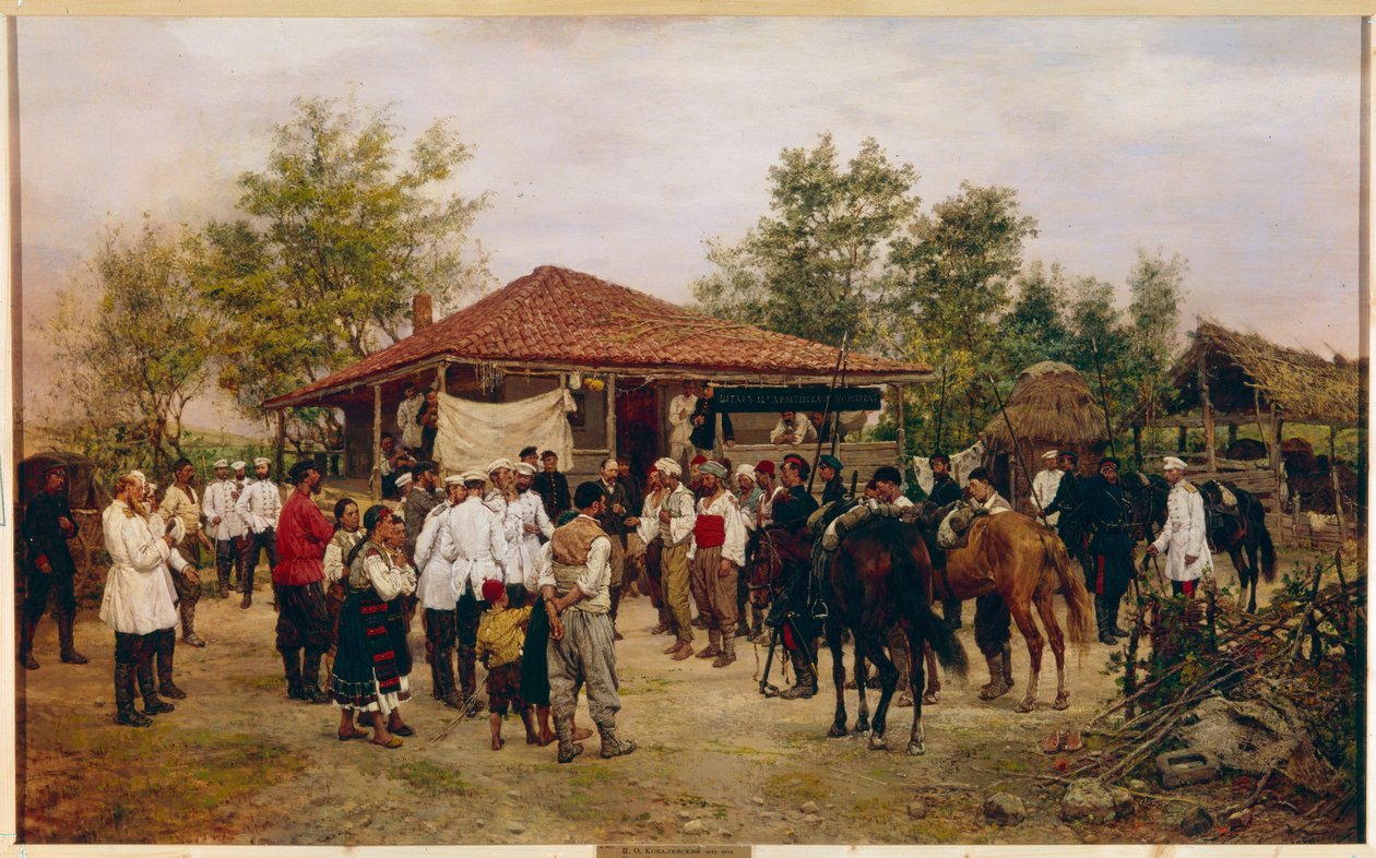 Rusko-turecká (rusko-turecká) válka 1877-1878: dvanáct ruských armádních sborů během bitvy u průsmyku Shipka v Bulharsku (Štáb 12 armádních sborů v Bulharsku v roce 1877). Obraz Pavla Osipoviče Kovalevského od Pavel Osipovich Kovalevsky