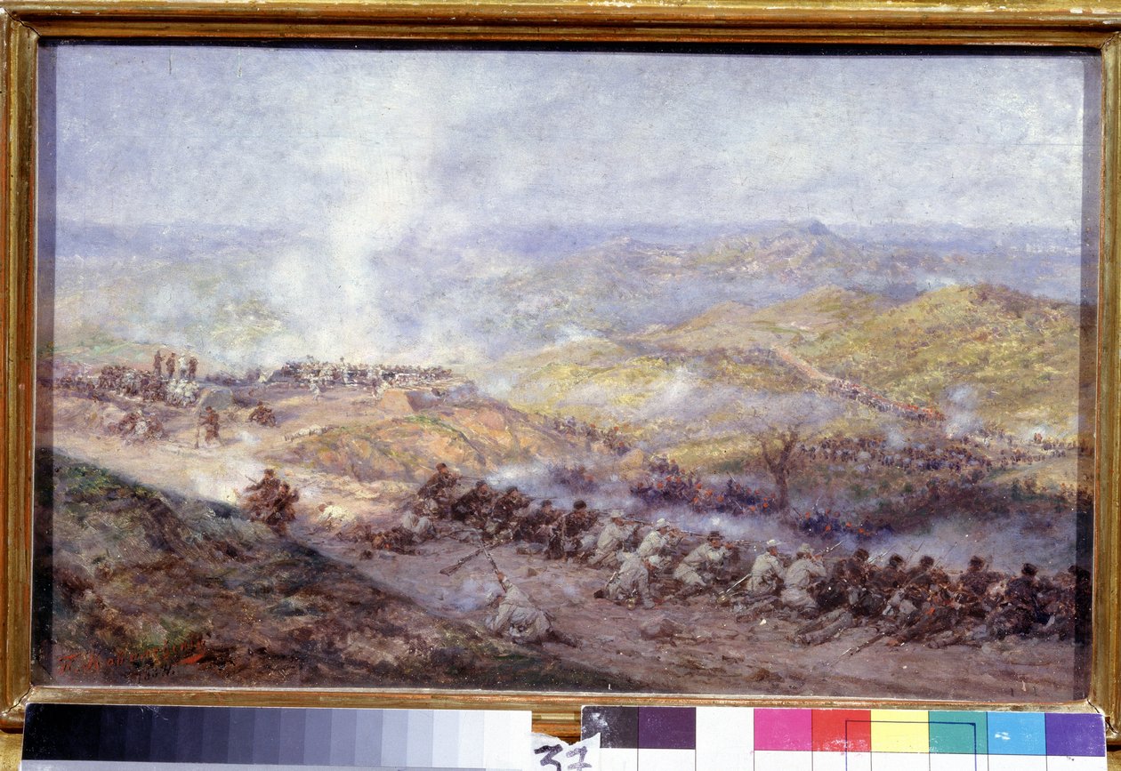 A Scene of the Russo Turkey War (1876-1878) (Scene of the Russo Turkey War). Bojiště na Balkáně, kde se střetli vojáci ruské armády a Osmanské říše při obléhání Plevenu (nebo Plevny v Bulharsku) v roce 1877. Obraz od Pavel Osipovich Kovalevsky