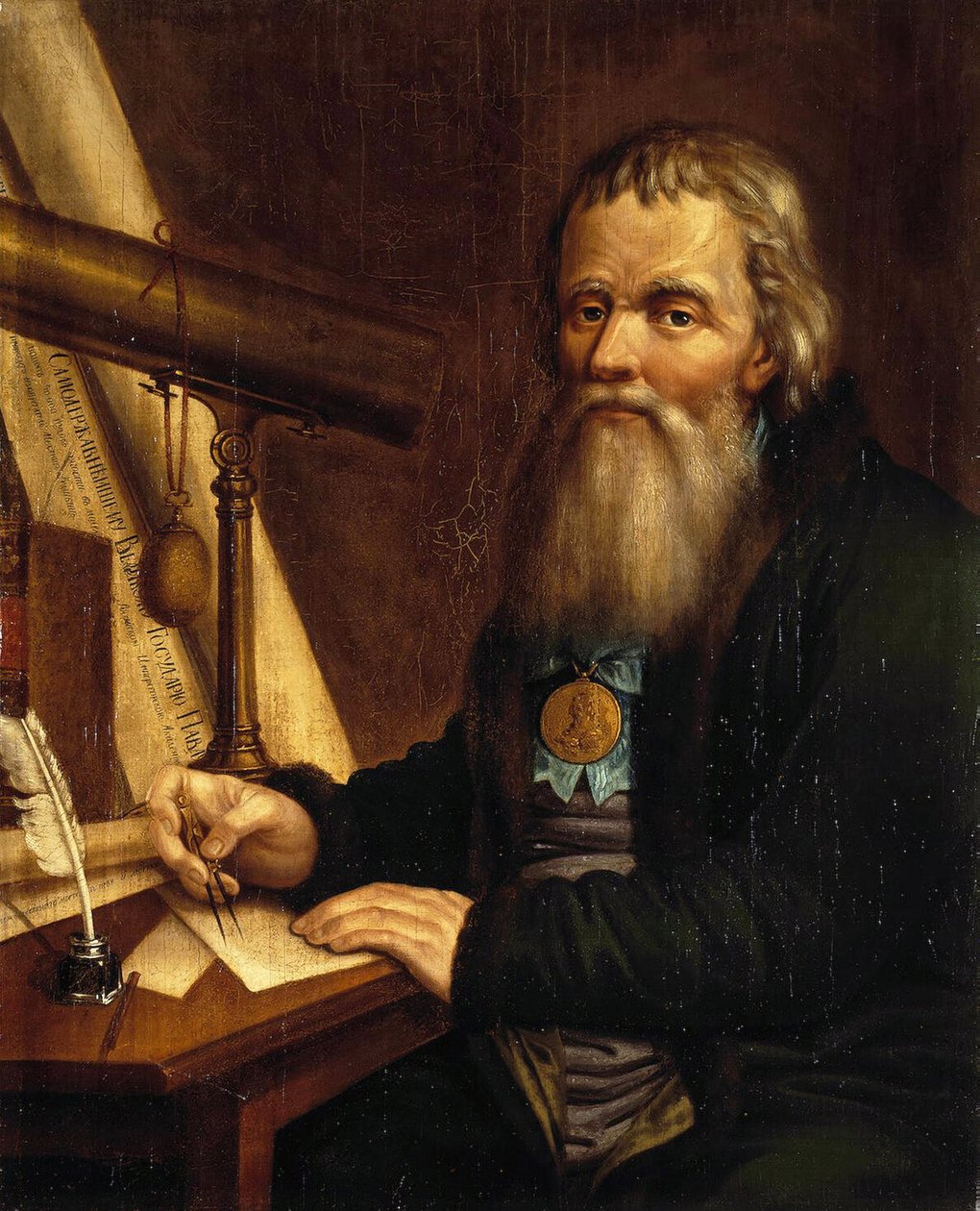 Portrét Ivana Petroviče Koulibina (Kulibina) (1735-1818), ruského vynálezce a mechanika, pomocí kompasu (Portrét mechanika a vynálezce Ivana P. Kulibina). Obraz Pavla Petroviče Vedeneckého (1766-1847) od Pavel Petrovich Vedenetsky
