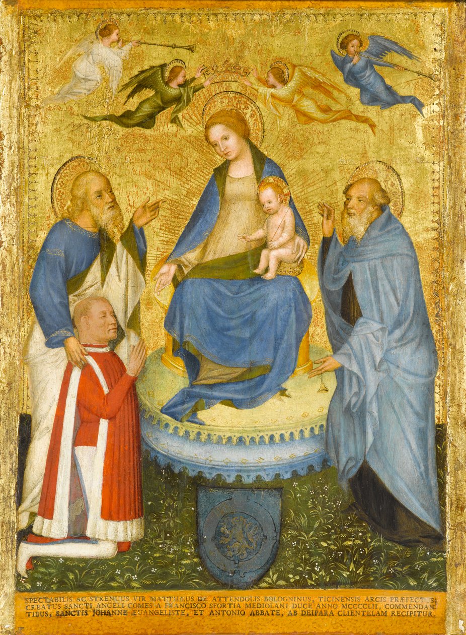 Panna a dítě korunované anděly, se sv. Janem Evangelistou, opatem sv. Antonínem a dárcem, kolem roku 1400 od Pavian School