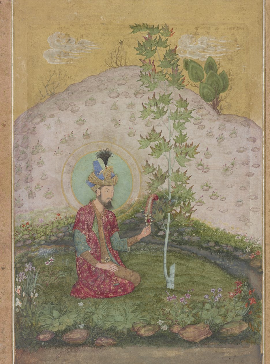Detail Humayuna sedícího v krajině, z alba Late Shah Jahan, cca 1650 (wc, inkoust a zlato na papíře) od Payag