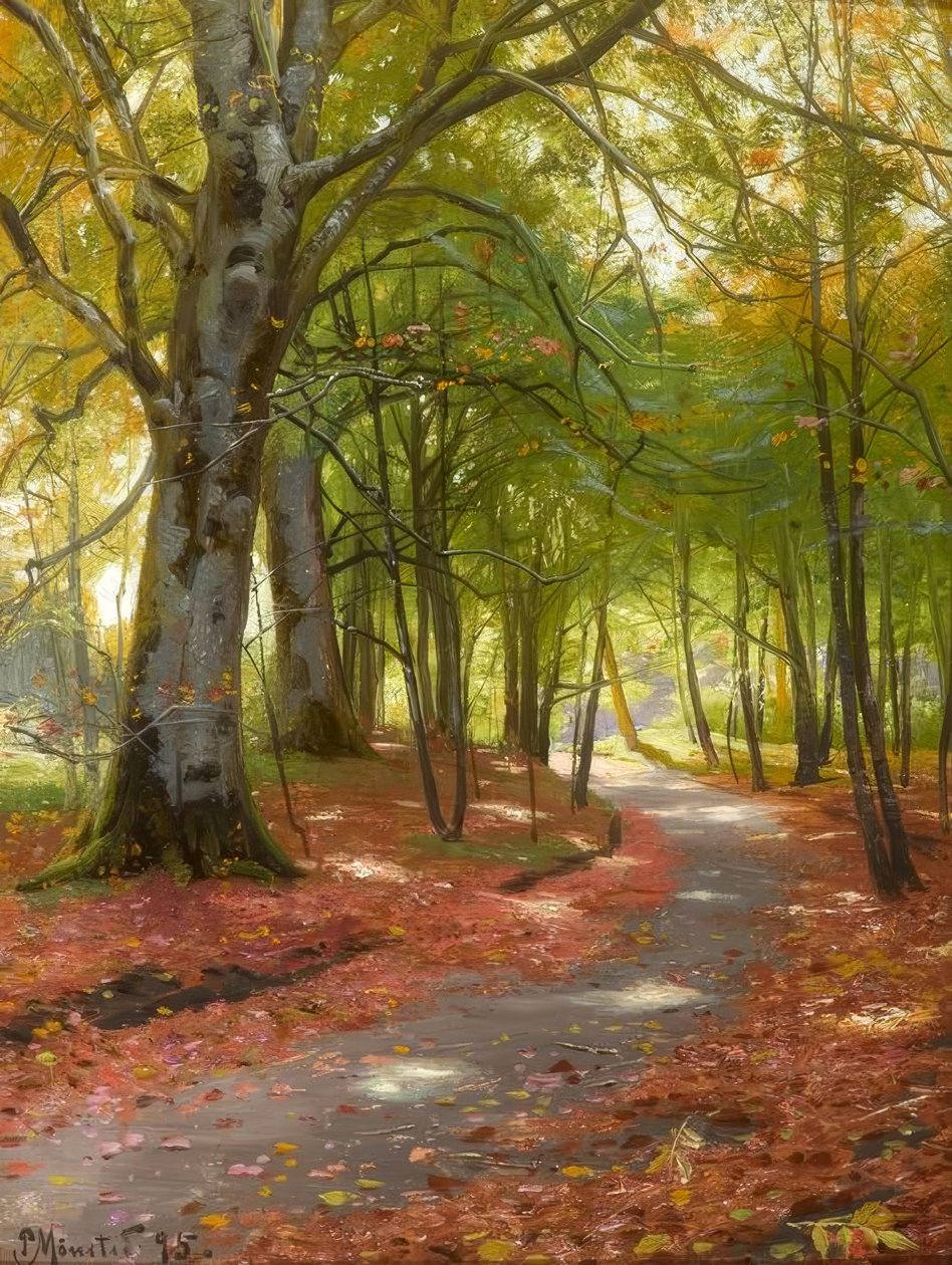 P.Mönsted, slunečný podzimní den v lese od Peder Monsted