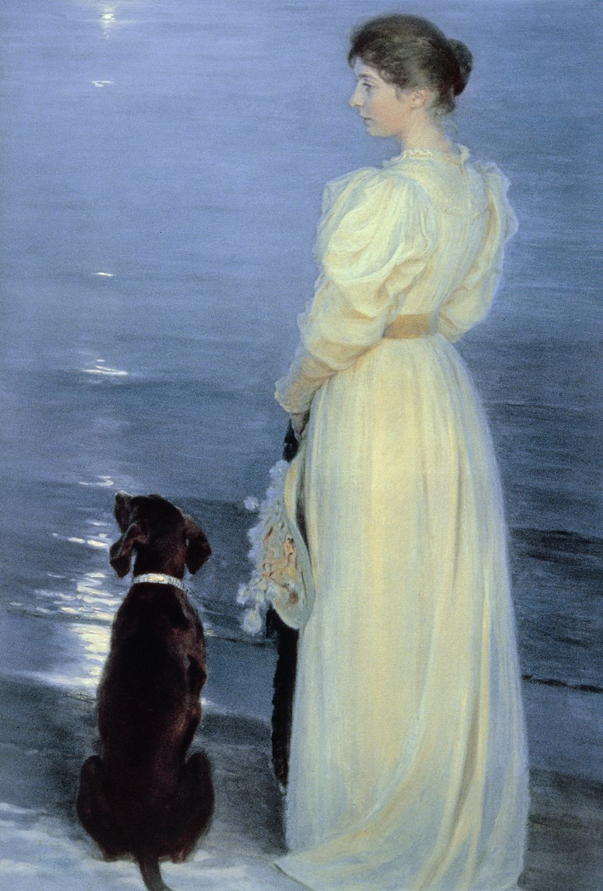 Letní večer ve Skagenu, manželka umělců se psem na pláži, 1892 od Peder Severin Krøyer