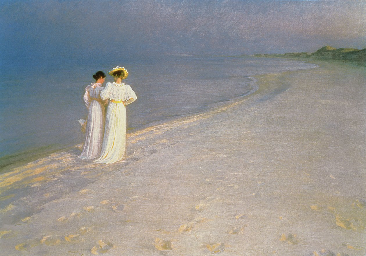Letní večer na jižní pláži Skagen s Annou Ancher a Marie Kroyer od Peder Severin Krøyer