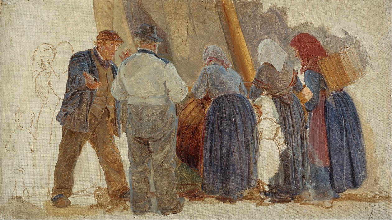 Ráno v Hornbæku. Muži a ženy vyjednávají od Peder Severin Krøyer