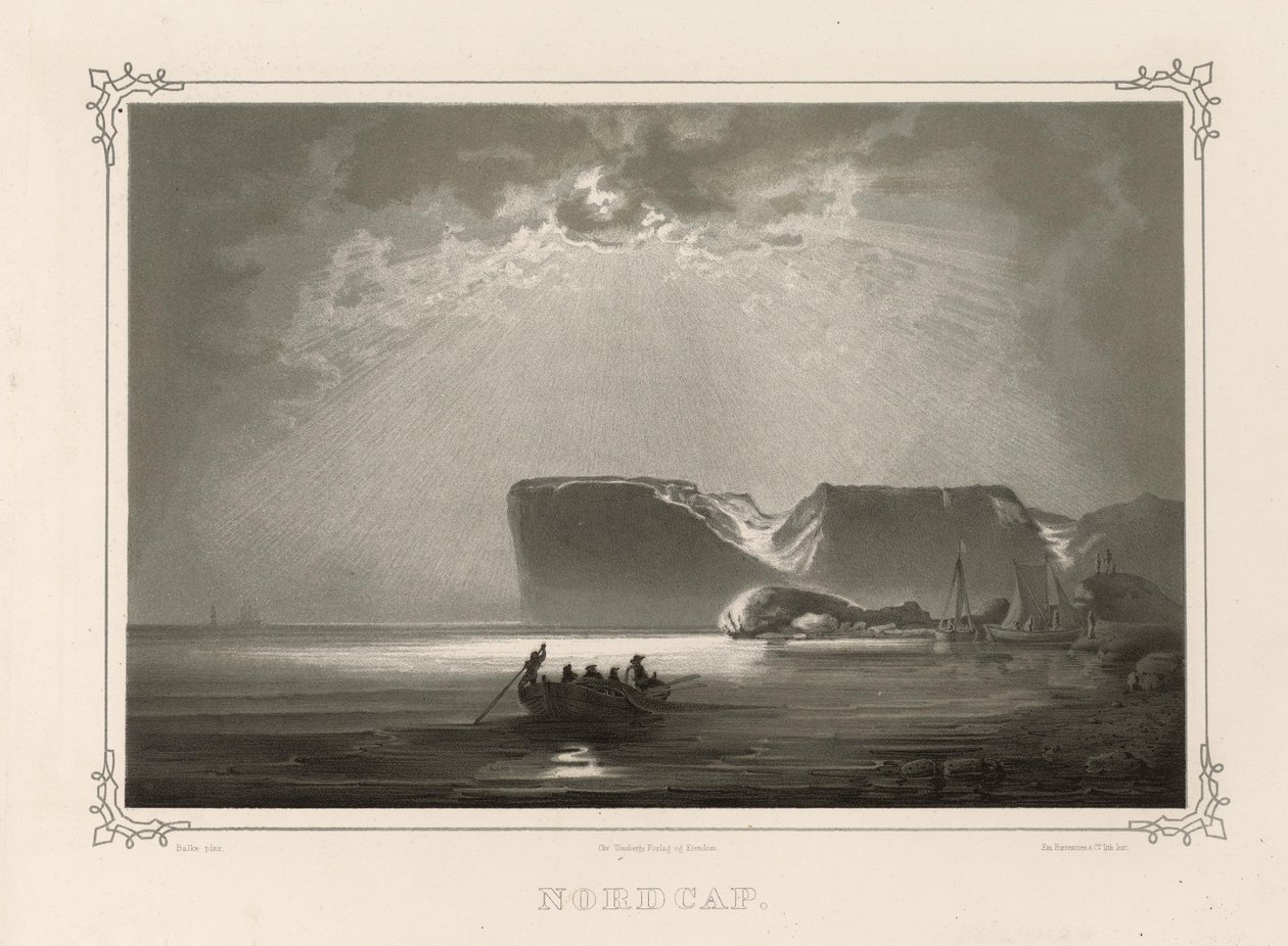Nordcap. Ilustrace převzata z knihy Norsko vyrobené v Drawings od Asbjørnsen, P.Chr. a vydal Chr. Tønsberg (č. 1848) od Peder Balke