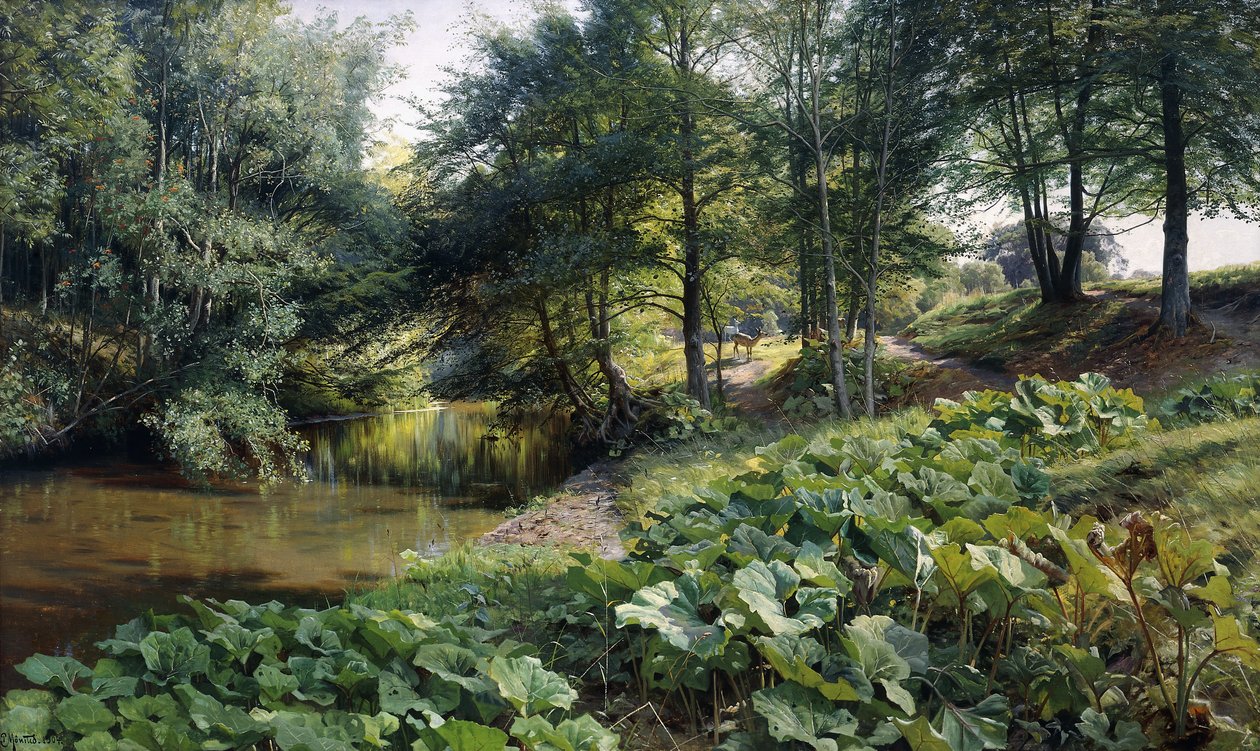 Zalesněná říční krajina s jeleny za nimi od Peder Monsted