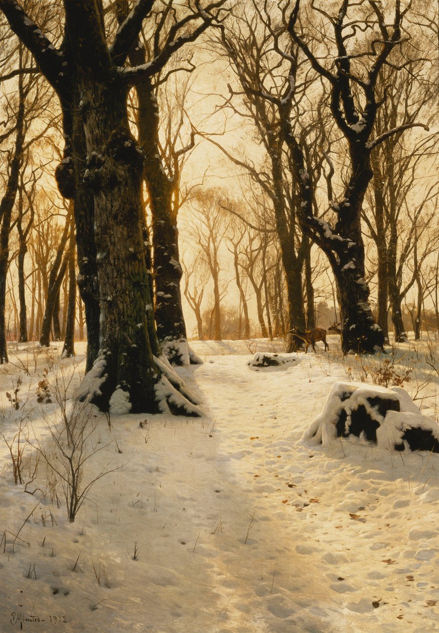 Zalesněná zimní krajina s jeleny od Peder Monsted