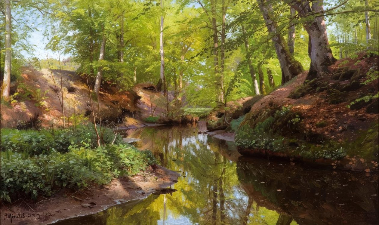 P.Mönsted, slunečný den u lesního potoka od Peder Monsted