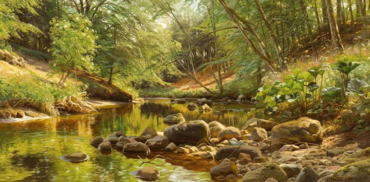 P.Mönsted, Sonniger Waldbach od Peder Monsted