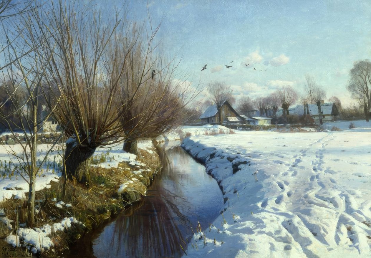 Slunečný zimní den u potoka od Peder Monsted