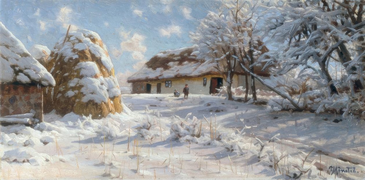 Zasněžená krajina vesnice s dětmi sáňkování od Peder Monsted
