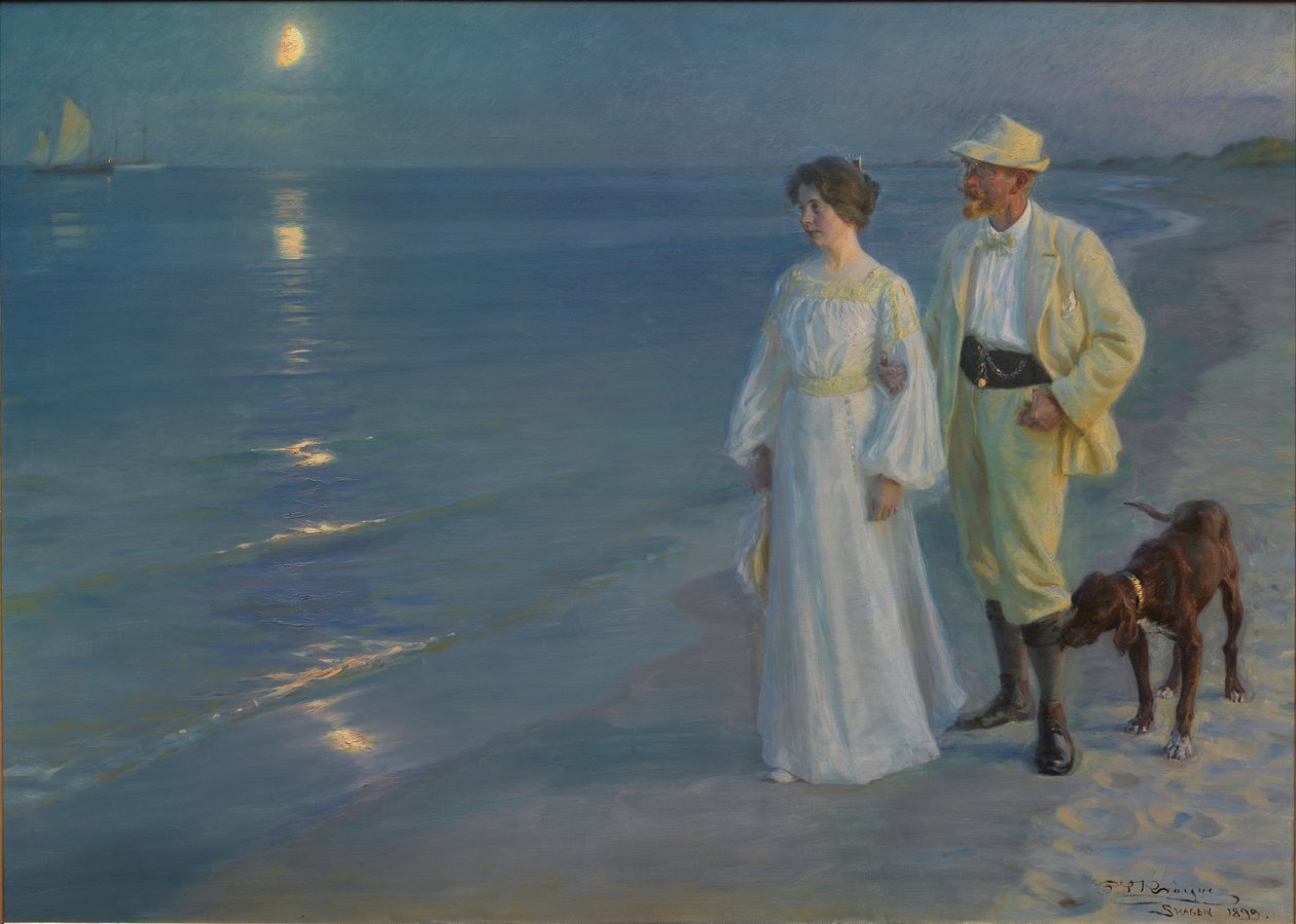Dánsky: Sommeraften ved Skagens Strand Letní večer na pláži Skagen. Umělec a jeho žena. od Peder Severin Krøyer