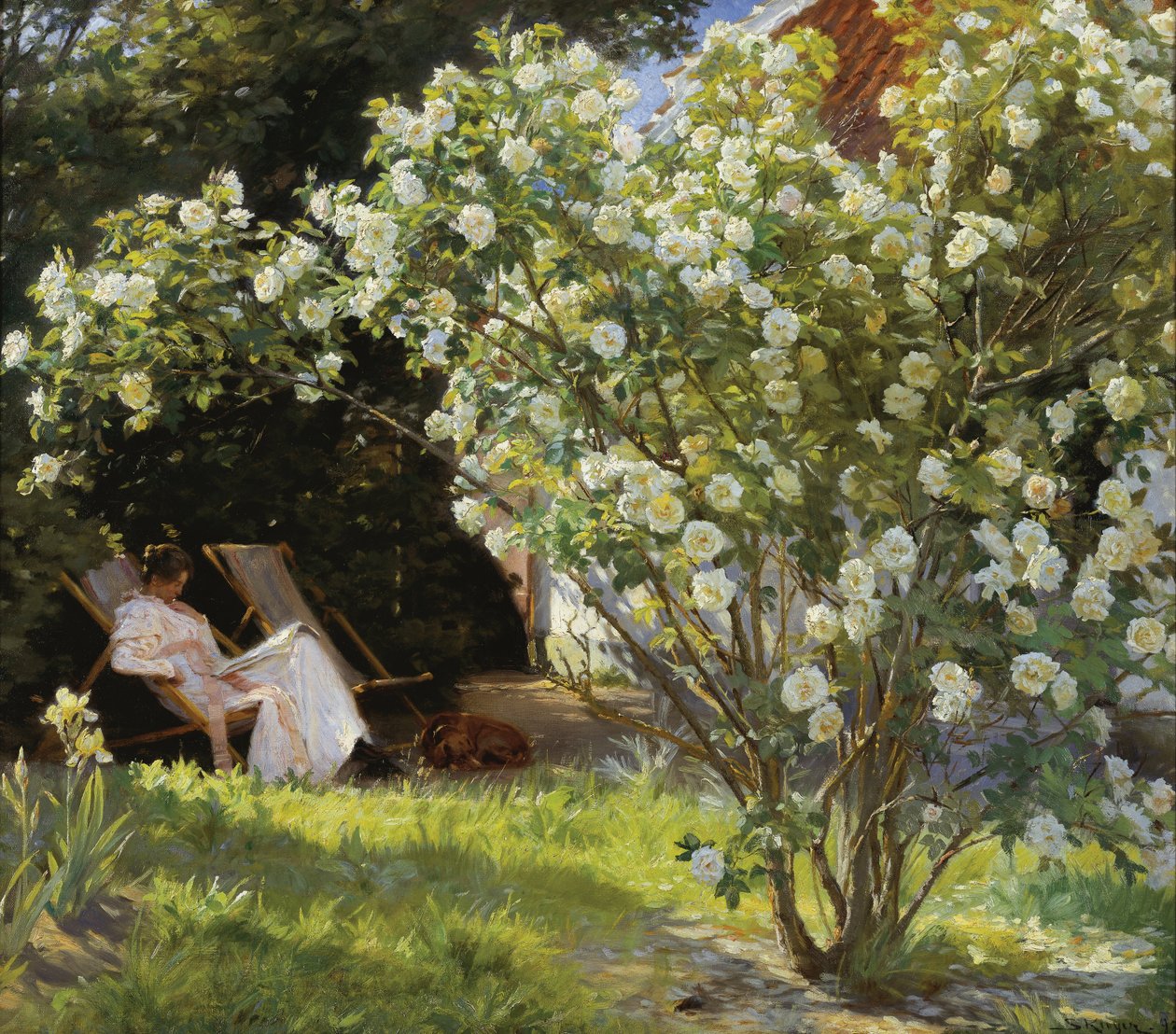Růže. Marie Krøyer sedí na lehátku v zahradě u domu paní Bendsenové od Peder Severin Krøyer