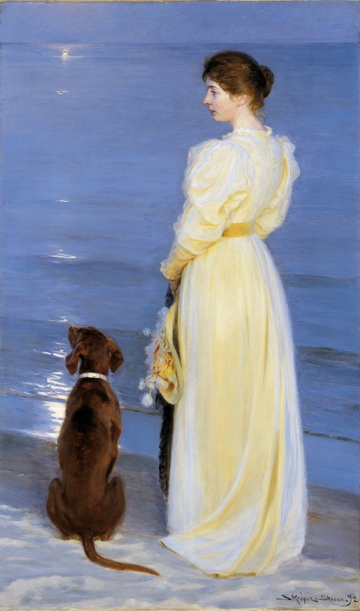 Letní večer ve Skagenu. Umělcova žena se psem na pláži od Peder Severin Krøyer