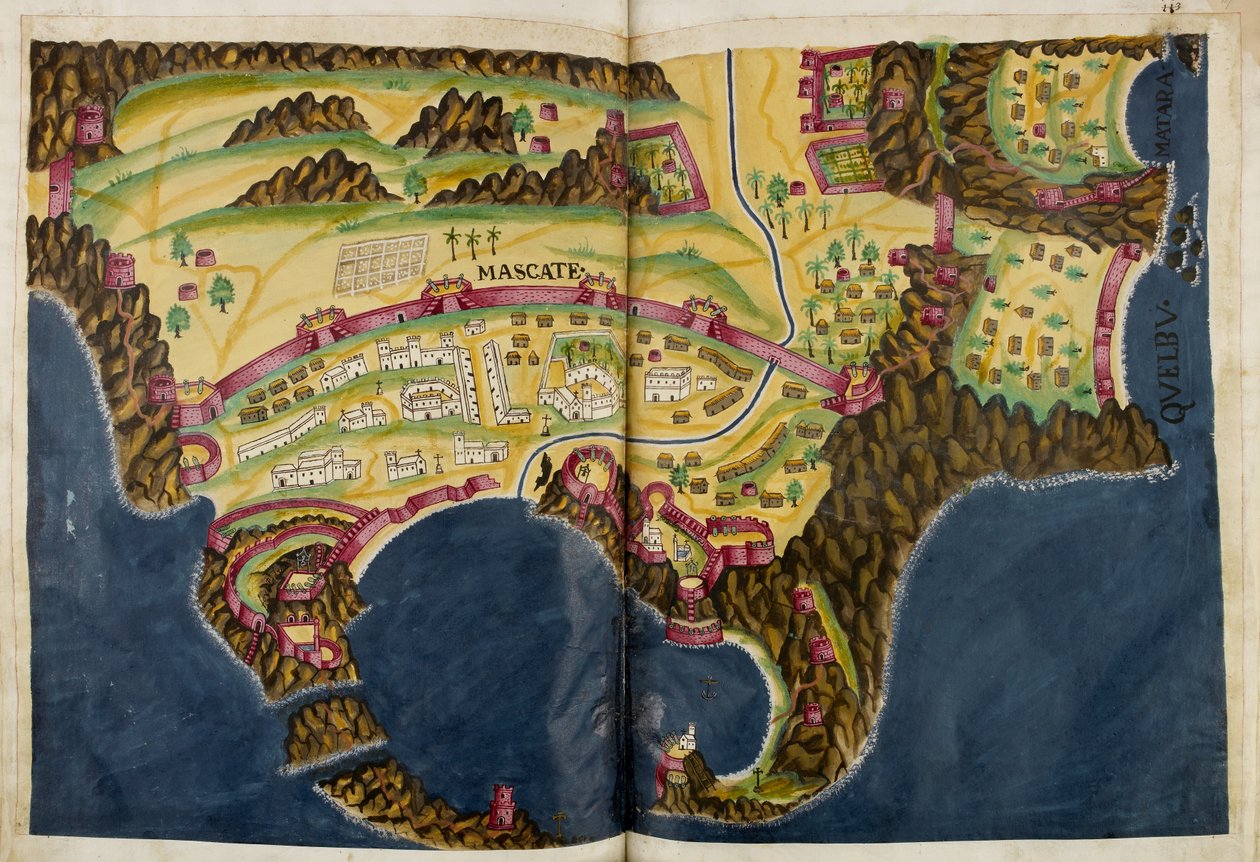 Níže portugalská ilustrace Maskatu z rukopisu Livro do Estado da India Oriental Pedra Barreta de Resende, Sloane MS 197. od Pedro Barretto de Resende