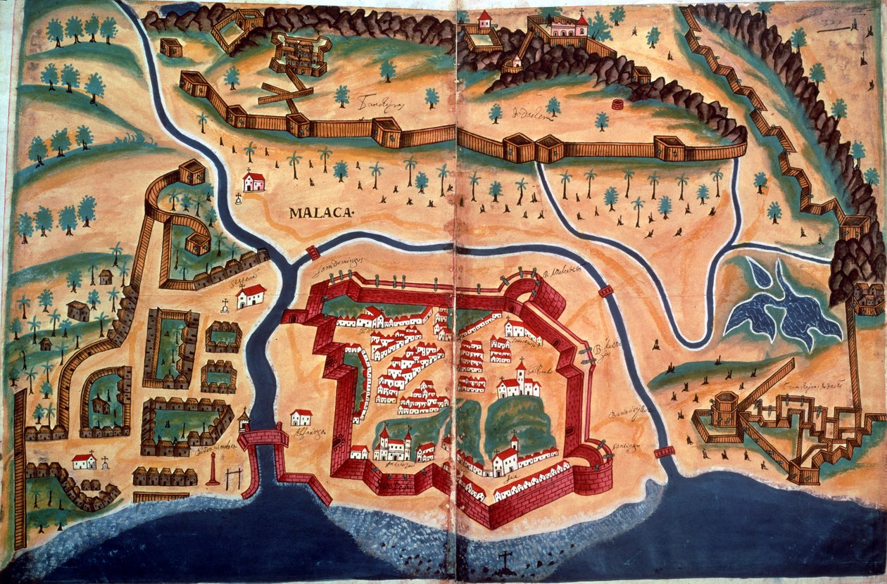 Sloane 197, ff.381v-382r: Plán města Malacca, z „Livro do Estado de India Oriental“ od Pedro Barretto de Resende