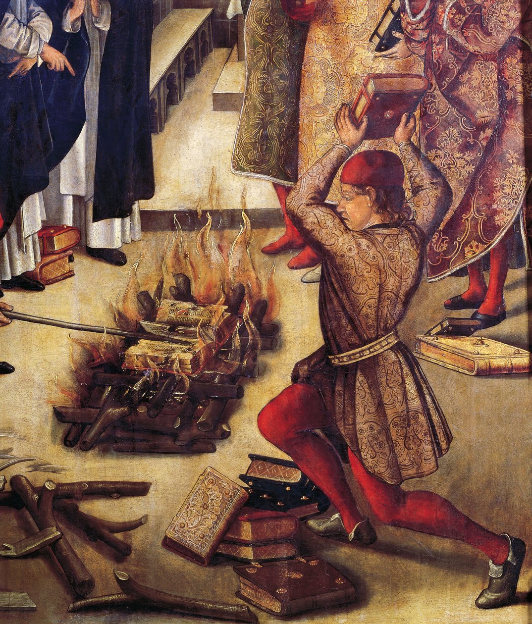 Harhaoppisten kirjojen polttaminen, yksityiskohta San Domenicosta ja Albigensesistä, Pedro Berruguete (noin 1450 - noin 1504) od Pedro Berruguete