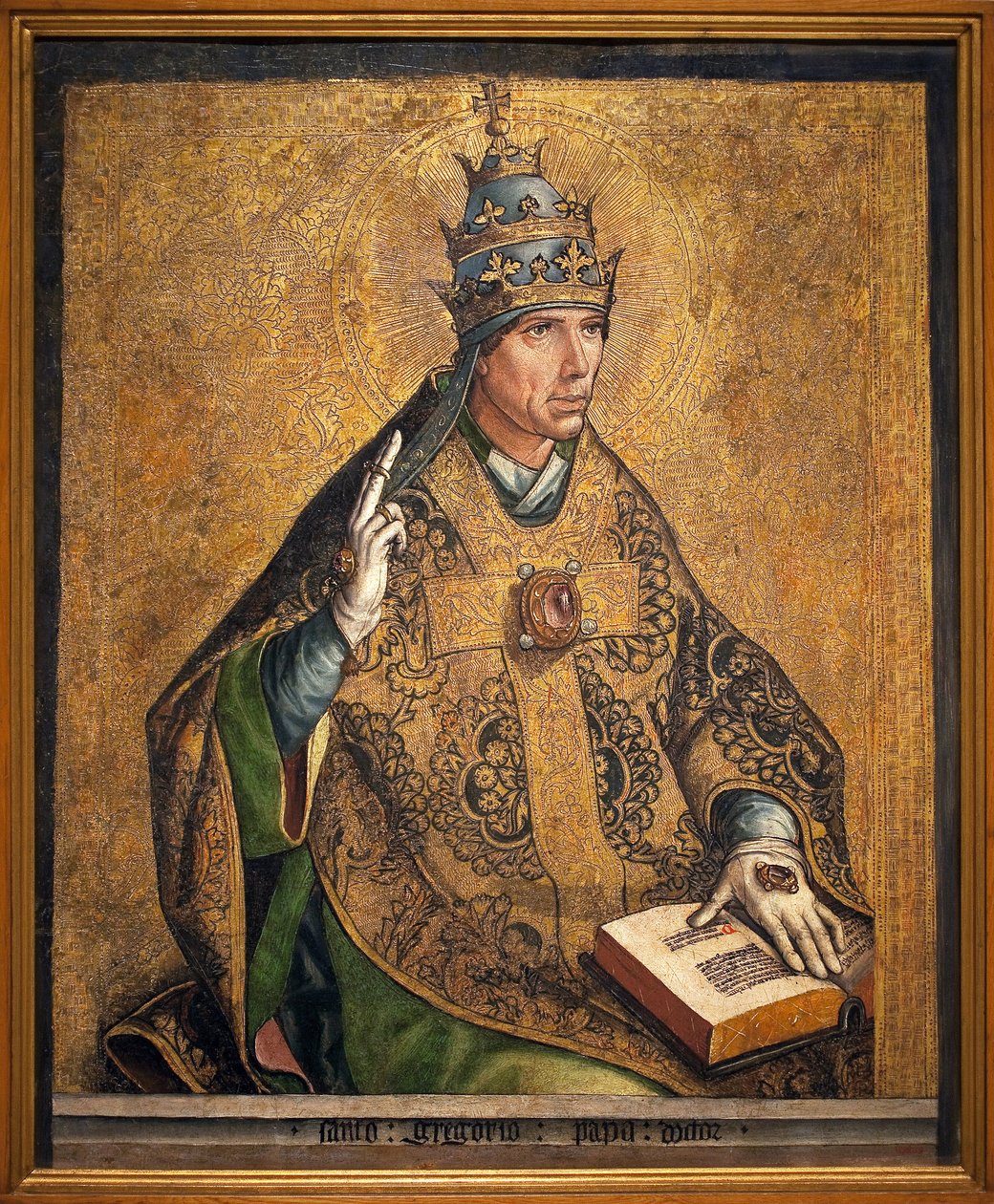 Portrét papeže Saint Gregoire (známý jako Velký, pontifikát 540-604). Obraz od Pedra Berruguete (kolem roku 1450), olej a plátkové zlato na dřevě, kolem roku 1495. Národní muzeum umění Katalánska, Barcelona (Španělsko). od Pedro Berruguete