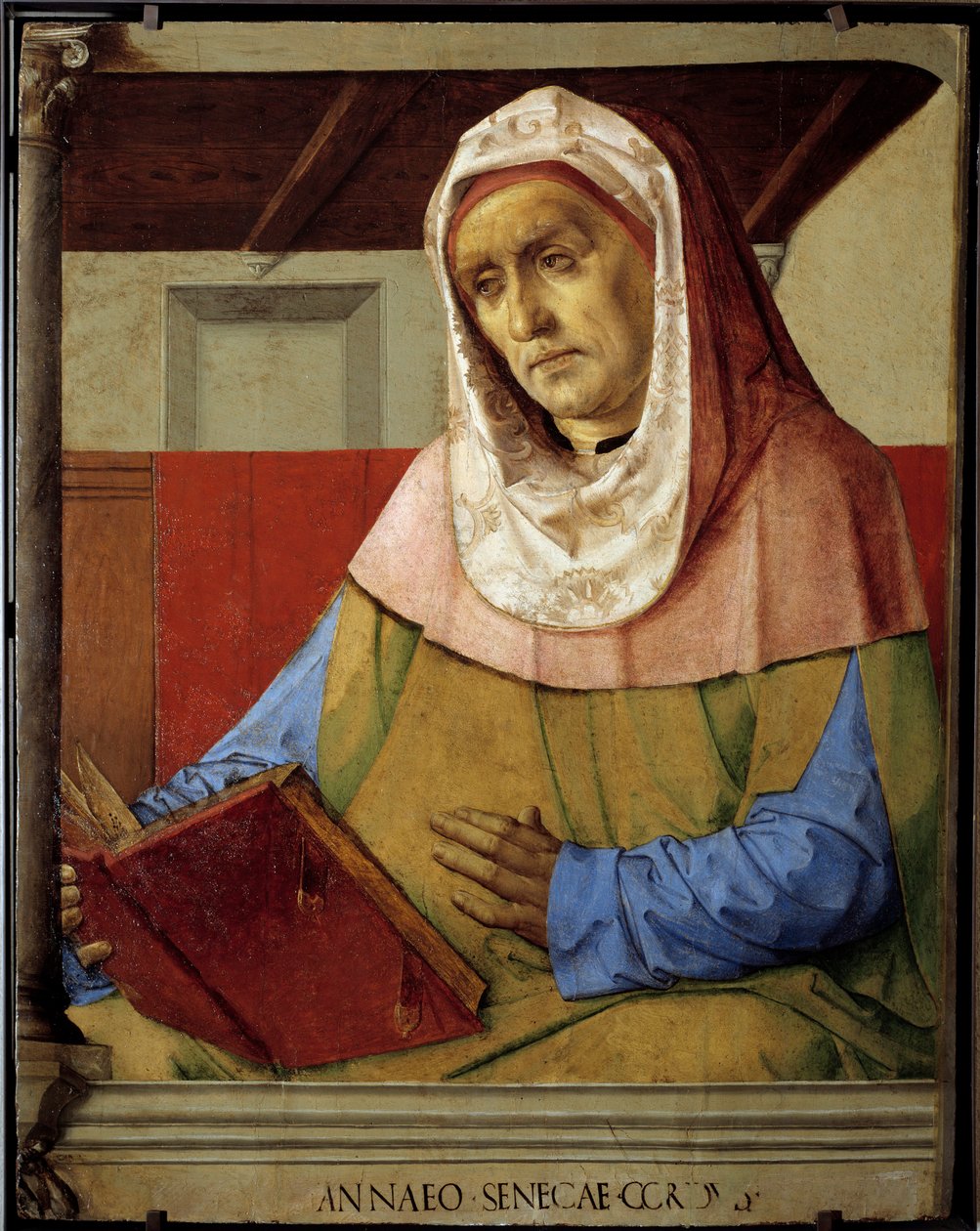 Portrét Seneca (Lucius Annaeus Seneca, 4 př. nl-65 n. l. JC), filozof stoické školy, dramatik a římský státník. Obraz Pedro Berruguete (kolem 1450-před 1500) a Just From Gent (1435-1480) Ec. Podvod od Pedro Berruguete