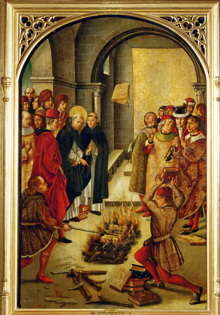 Svatý Dominik předsedá pálení kacířských knih albigenských (malba na dřevě) od Pedro Berruguete