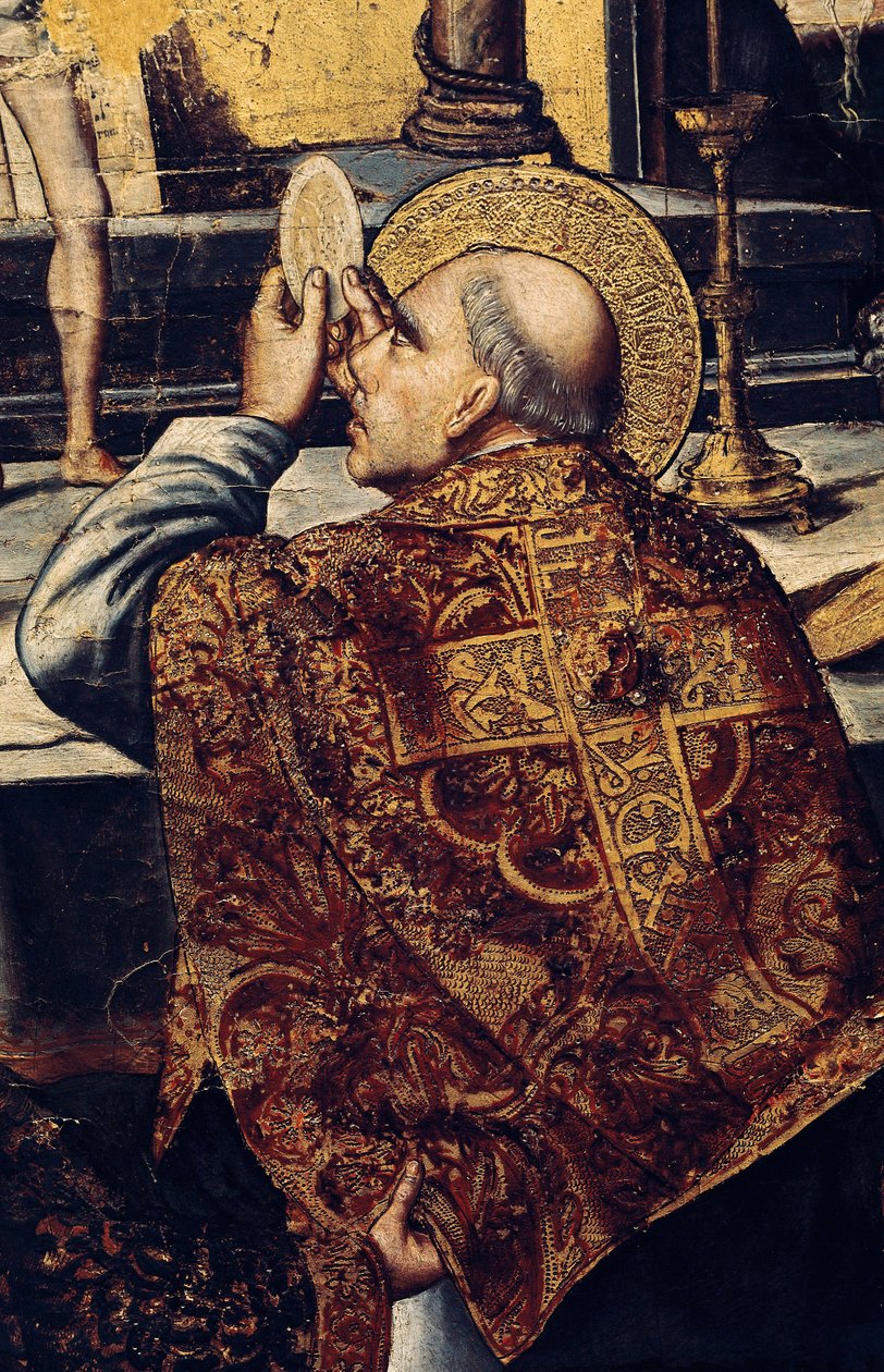Eucharistie (Svatý pozvedá hostii, křesťanský symbol těla Kristova). Detail oltářního obrazu Mše Řehoře I., zvaného Velký nebo Dialogový (540-604) Papež v roce 590. Obraz Pedro BERRUGUTETE (1450-1504). Renesanční malířství, Katal od Pedro Berruguete