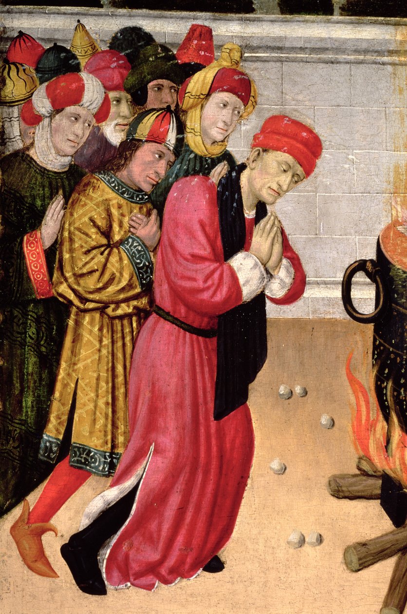 Skupina věrných konvertitů, detail z oltářního obrazu sv. Quirze a sv. Julity od Pedro García de Benabarre