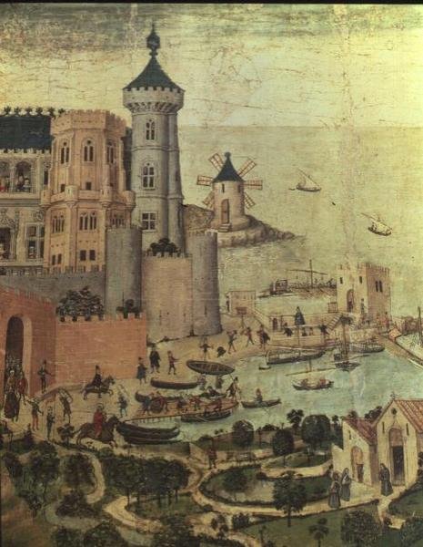 Přístav Mallorca s věžemi Almudaine, během dobytí města Jamesem I. (detail) od Pedro Nisart