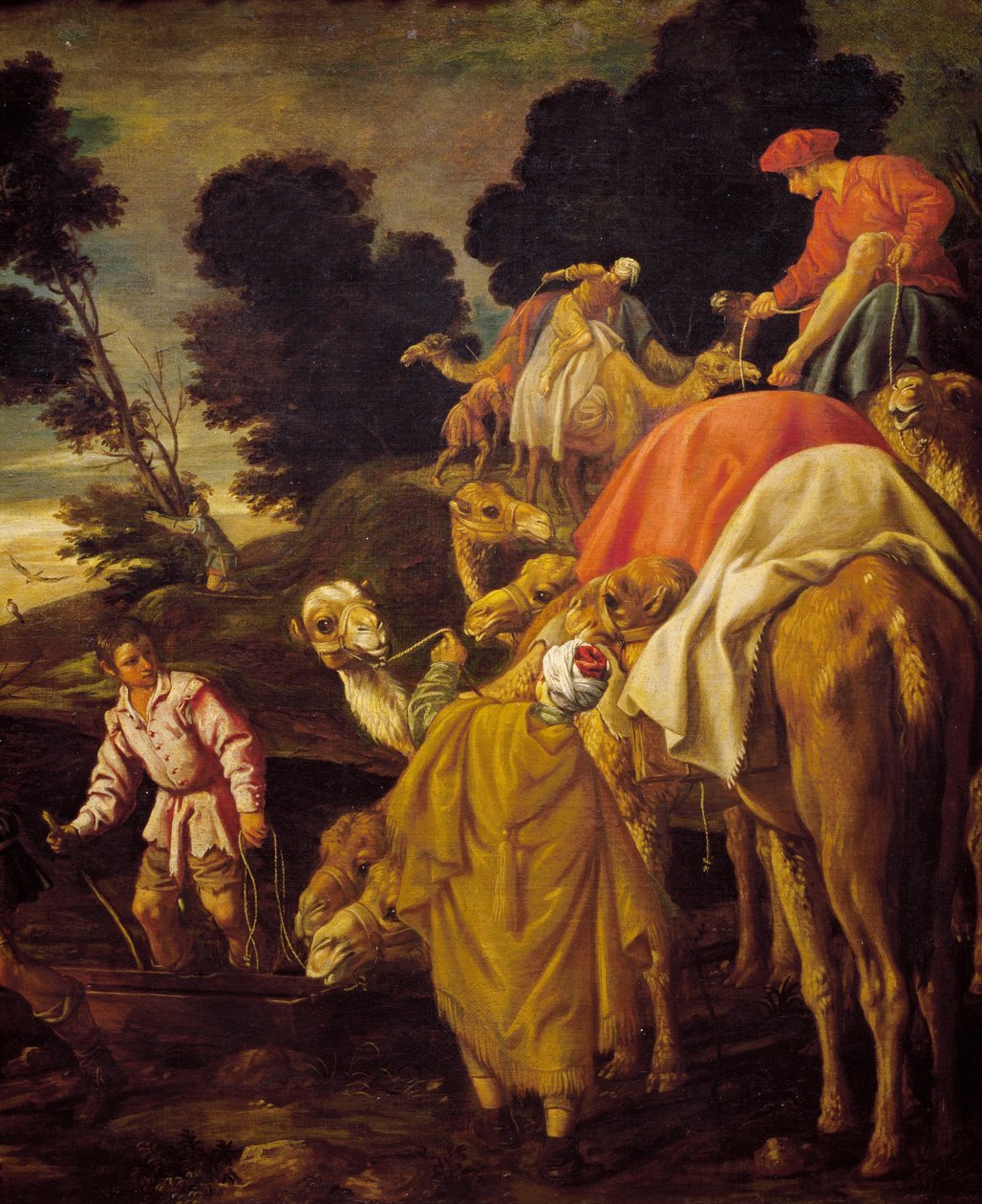 Karavana velbloudů, detail od Rebeccy nechala Eliezer pít u studny, obraz od Pedra Orrente (kolem 1580-1645), Španělsko od Pedro Orrente