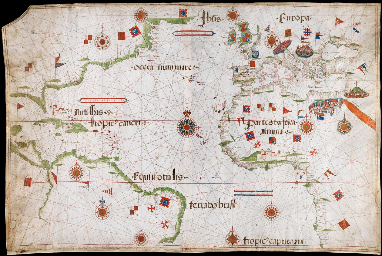 Mapa Atlantského oceánu, Středozemního a Černého moře, cca 1535 (pergamen, papír) od Pedro Reinel