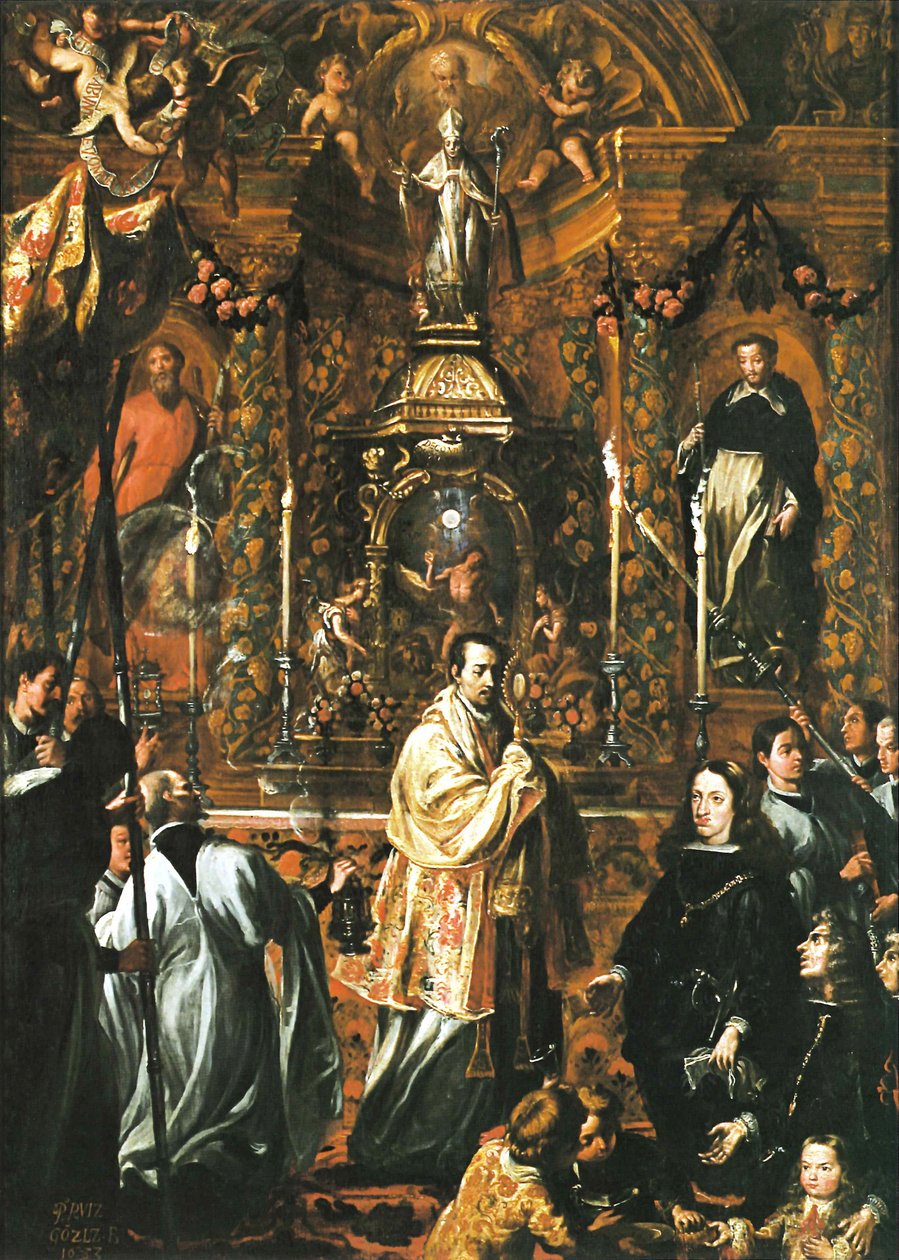 Karel II. před posvátnou formou - Pedro Ruiz González od Pedro Ruíz Gonzalez
