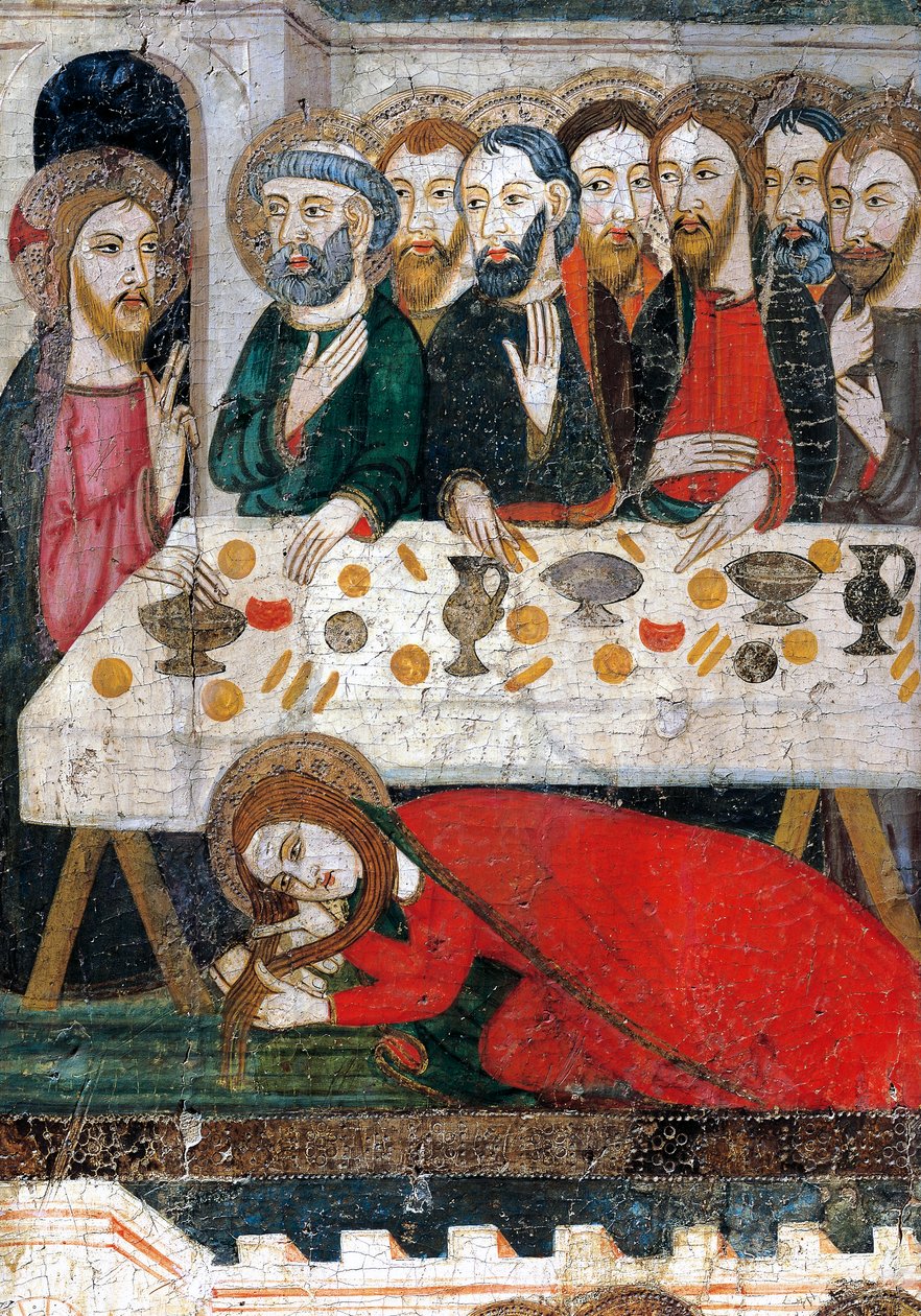 Maří Magdalena umývá Kristovy nohy svými vlasy, od Pedra Serry nebo Pere Serry (činného mezi 1363 a 1399), malba na dřevo. od Pedro Serra
