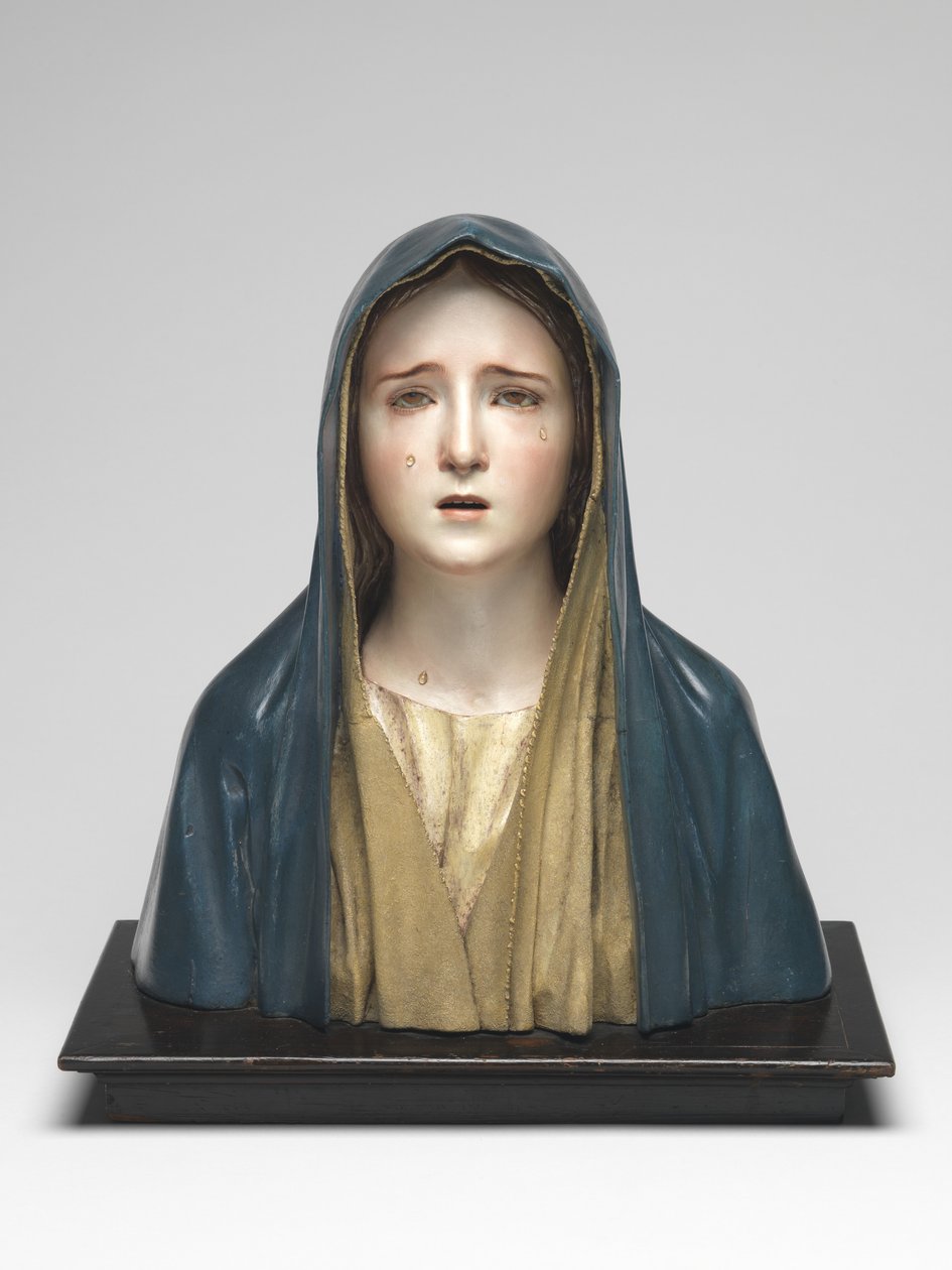 Bolestná Panna Maria Mater Dolorosa (polychromované dřevo, sklo a zvířecí srst) od Pedro de Mena
