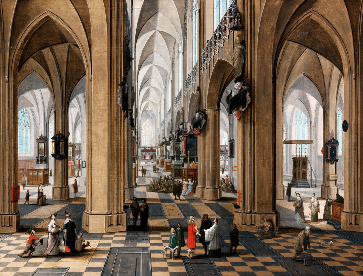 Interiér kostela s elegantními procházejícími se postavami a postavami účastnícími se mše od Peeter the elder Neefs
