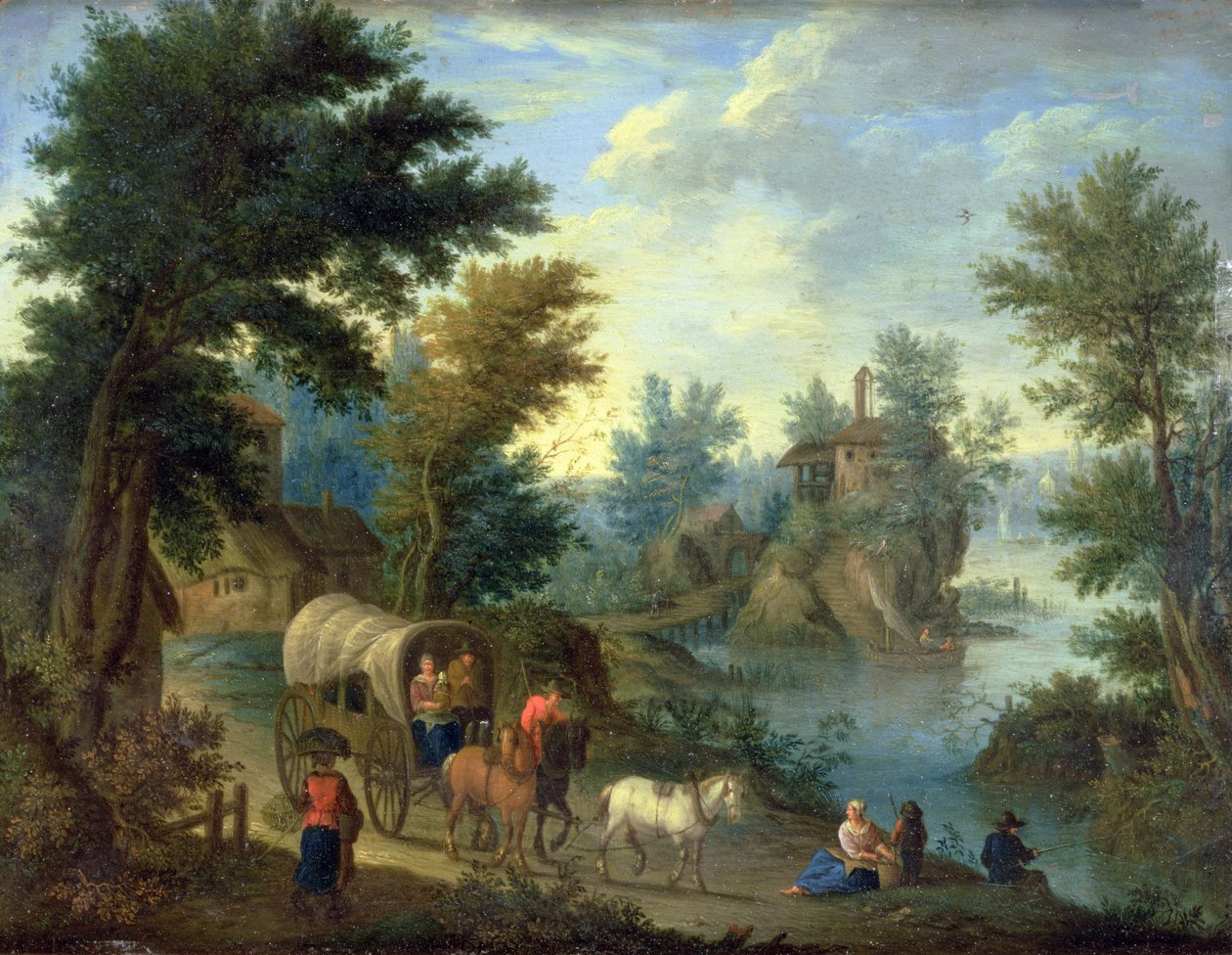Zalesněná říční krajina s cestovateli (olej na mědi) od Peeter van Bredael