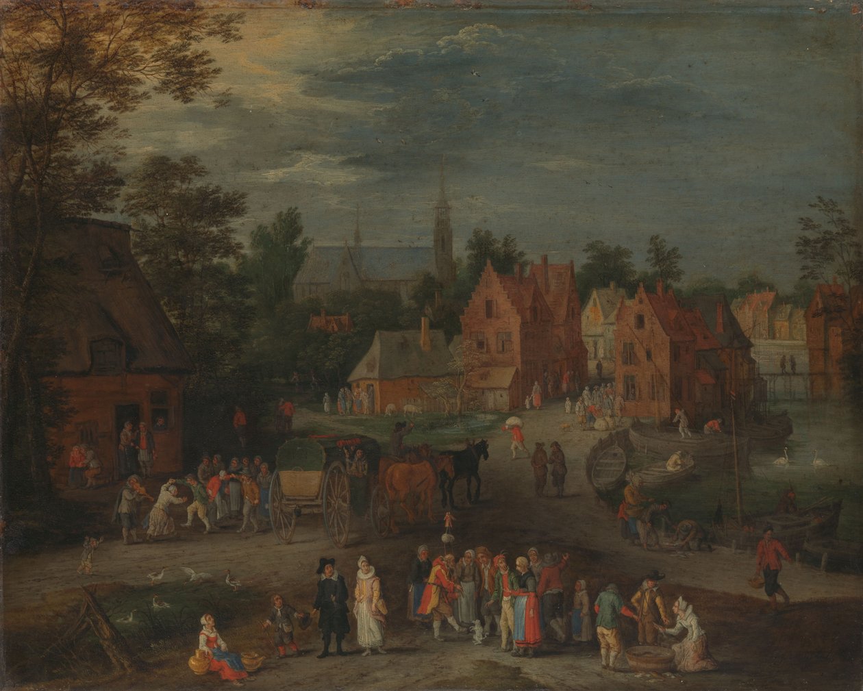 Vesnice s loutkářem bavícím malý dav lidí od Peeter (1621-91) Gijsels