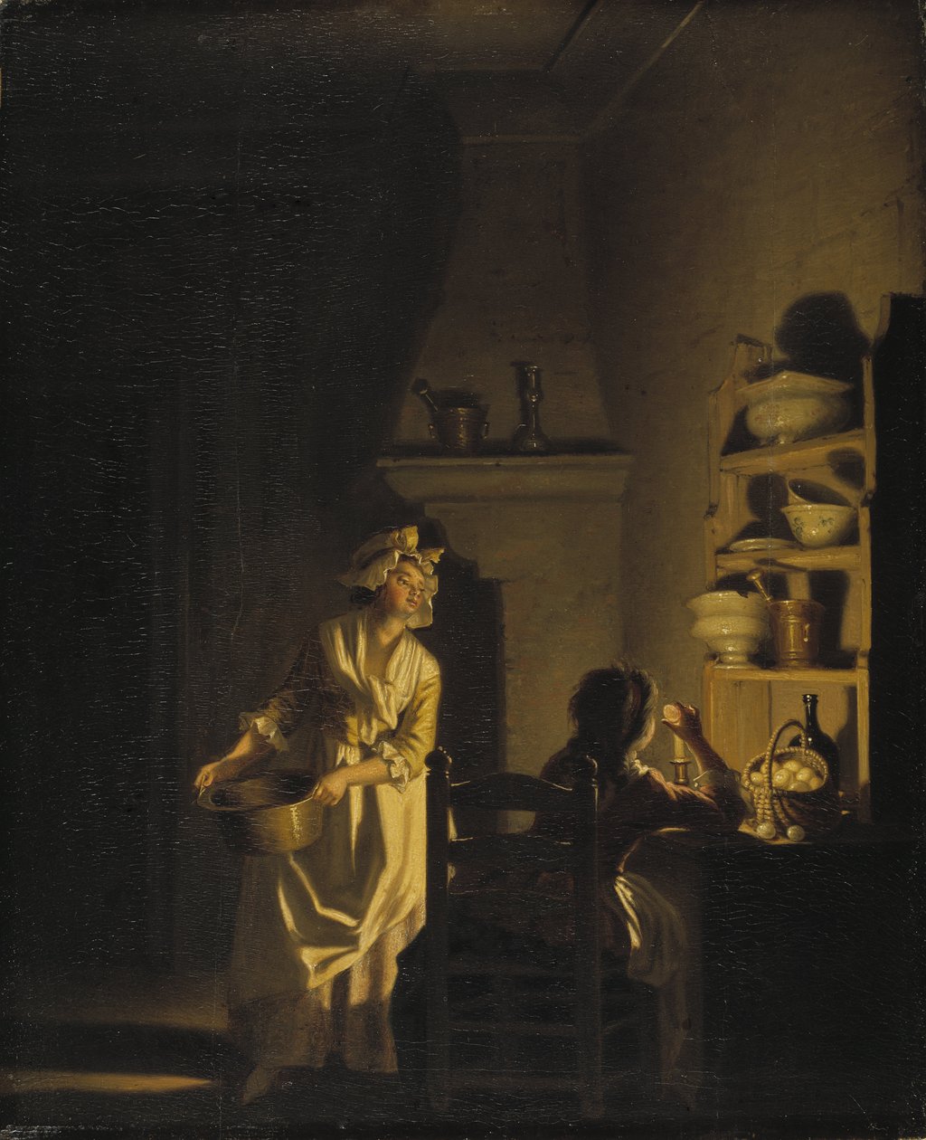 Le test des oeufs, interieur de cuisine - Testování vajec. Interiér kuchyně, od Hillestrom, Pehr (1732-1816). Olej na dřevě. Rozměr: 39 x 32 cm. Národní muzeum Stockholm od Pehr Hilleström