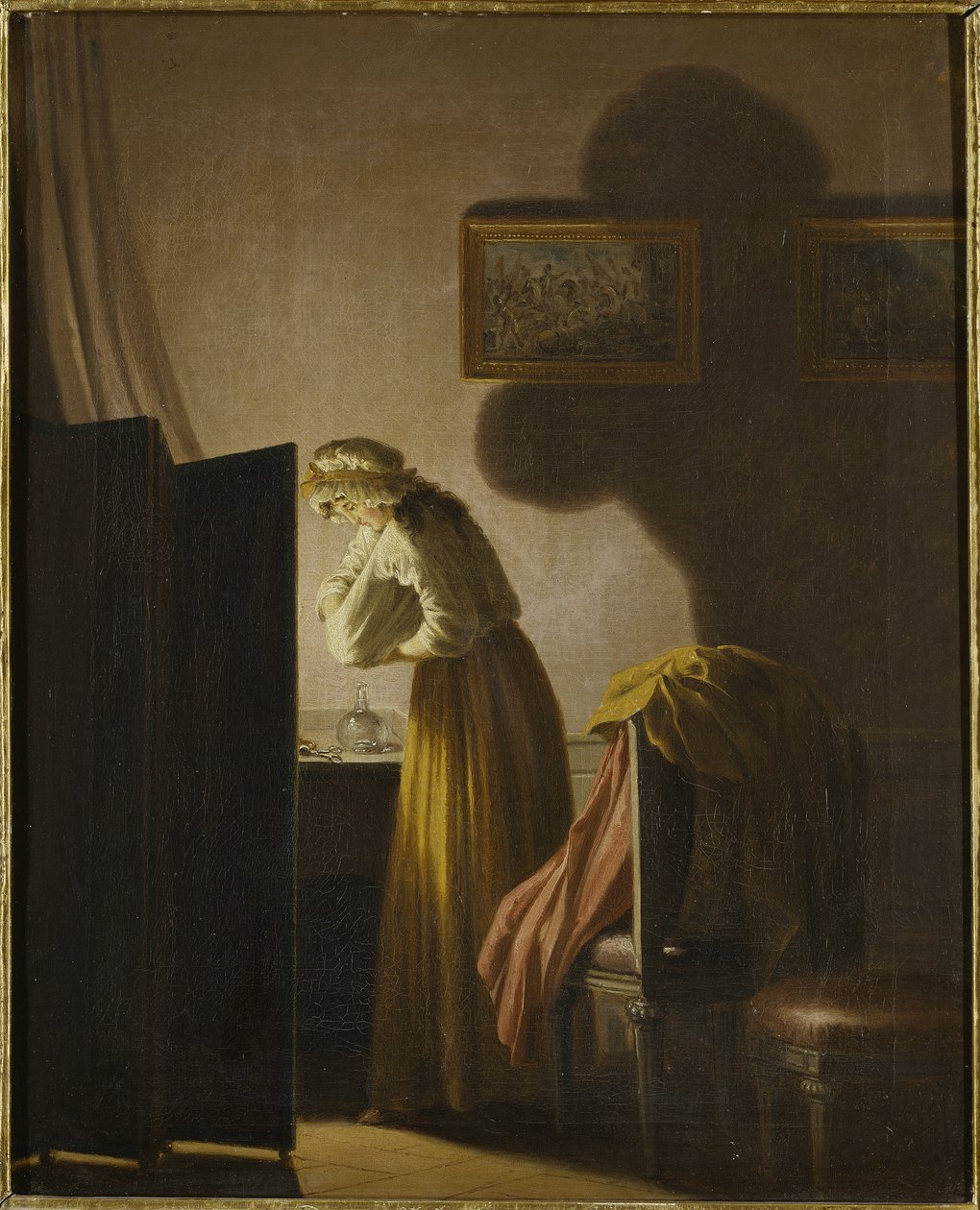 Une femme attrapant des puces a la lumiere de la bougie - Žena chytající blechy při svíčkách, Hillestrom, Pehr (1732-1816). Olej na plátně. Rozměr: 51,5 x 42,5 cm. Národní muzeum Stockholm od Pehr Hilleström