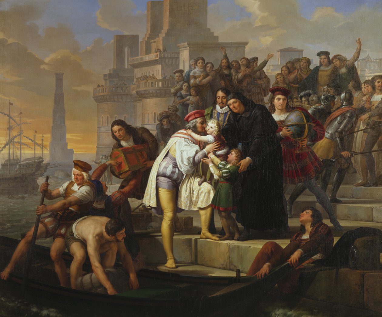 Christopher Columbus objímá své dva syny a doporučuje je otci Giovanni Perezovi, než odjede z Palos na cestu za poznáním Ameriky od Pelagio Palagi