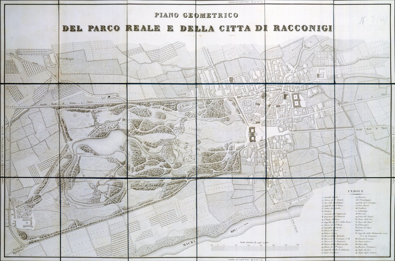 Plán Park Royal a města Racconigi od Pelagio Palagi