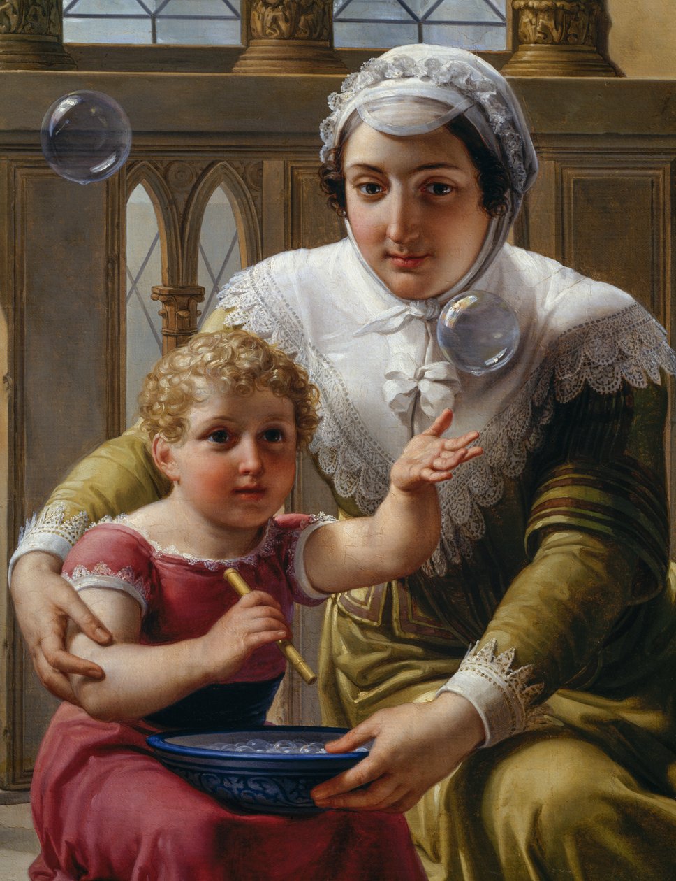 Žena s dítětem a mýdlovými bublinami, detail objevu lomu světla Isaaca Newtona (1642-1727) od Pelagio Palagi