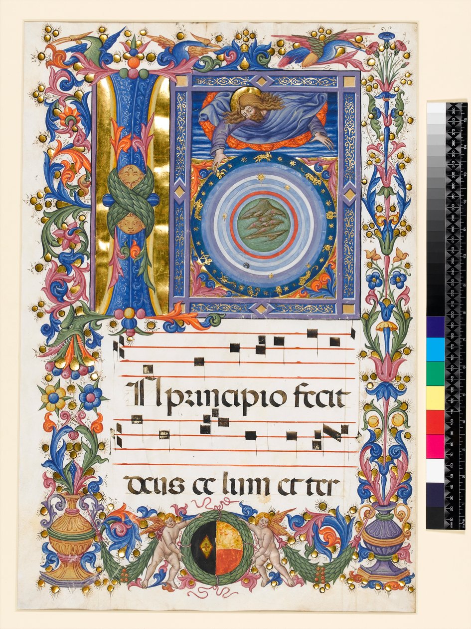 Historická iniciála I, zobrazující Stvoření, kolem roku 1470 od Pellegrino di Mariano attr.to Pellegrino di Mariano attr.to
