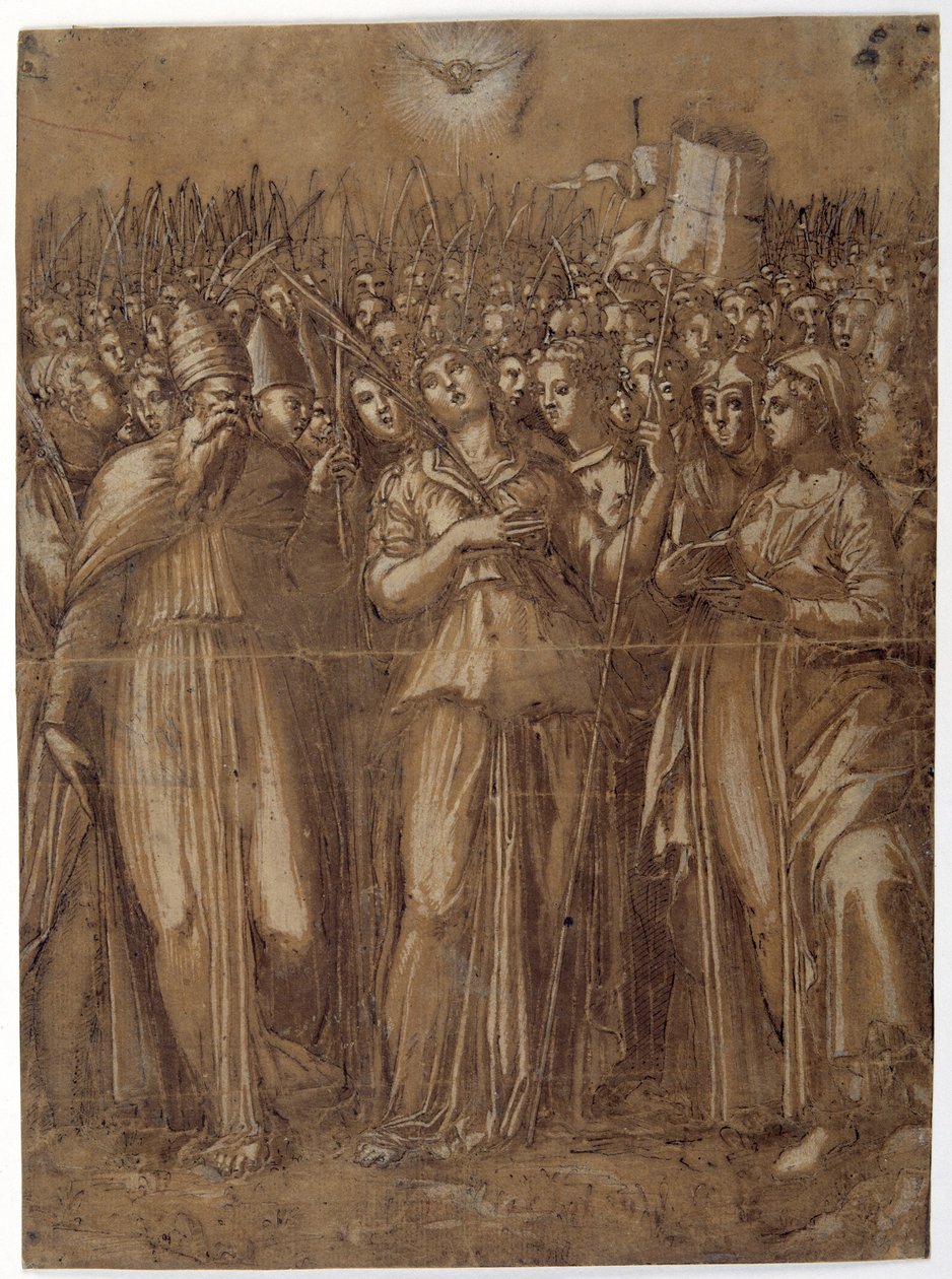 Svatá Uršula s umučenými pannami (pero a hnědý inkoust zvýrazněný bílou barvou těla na papíře vypraném hnědou) od Pellegrino (c.1460 1523) Aretusi