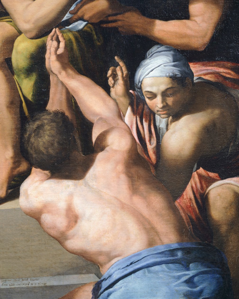 Muž s nahou horní částí trupu, detail z Klanění dítěte od Pellegrino Tibaldi