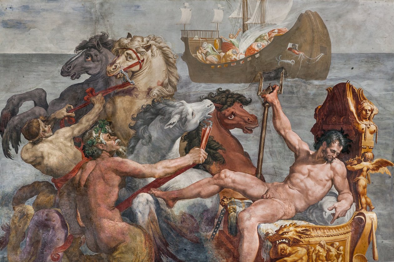 Neptun a loď Ulysses, detail z Polyfémovy komnaty od Pellegrino Tibaldi